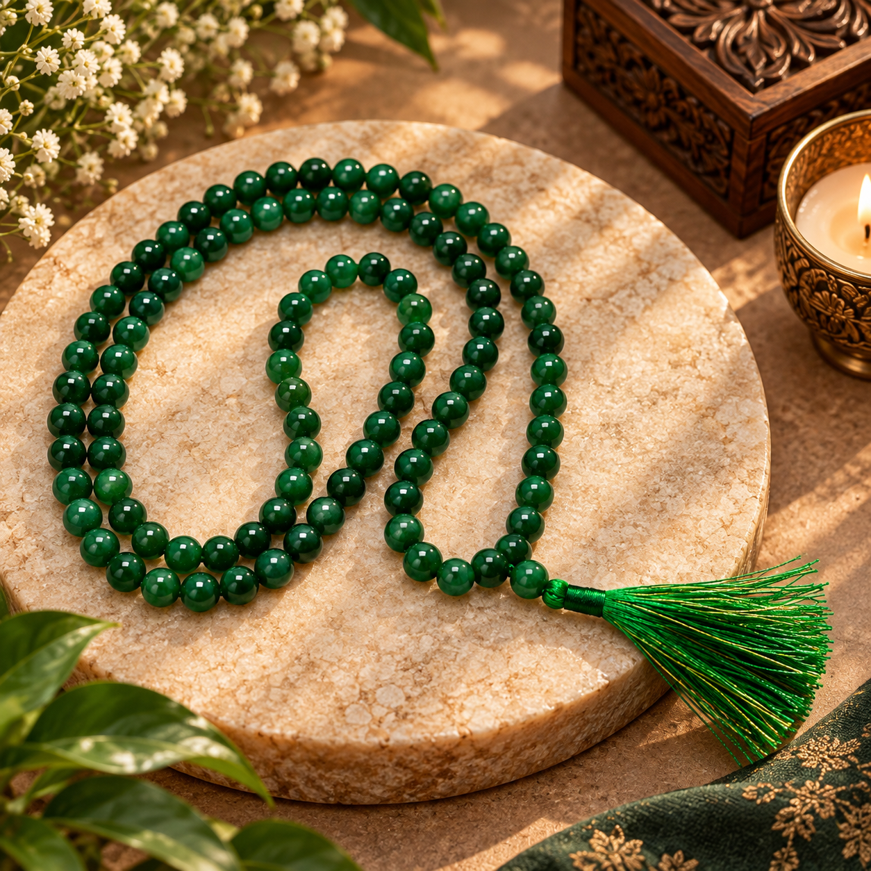 Green Jade Mala - 108 + 1 Beads